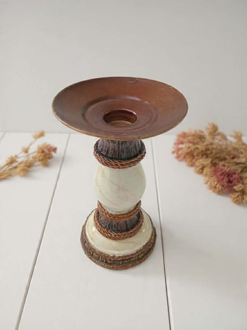 Vintage Ivory and Bronze 6" Candlestick Holder